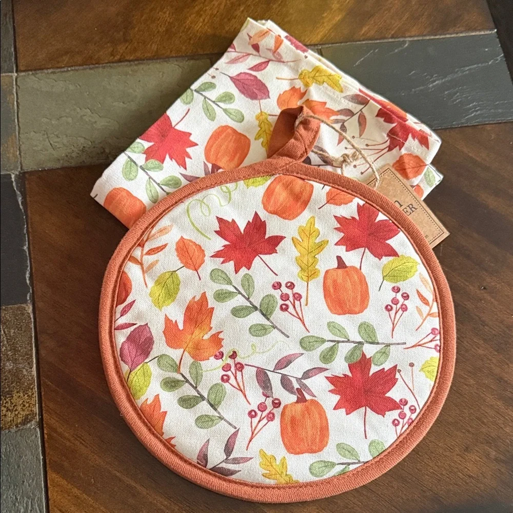Autumn Harvest Kitchen Towel and Pot Holder Set - Orange and Multicolor